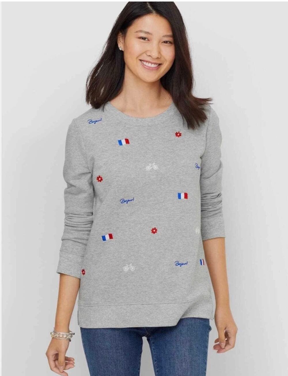 Talbots Womens XL Gray French Theme Embroidered Cotton Pullover Cozy Sweatshirt